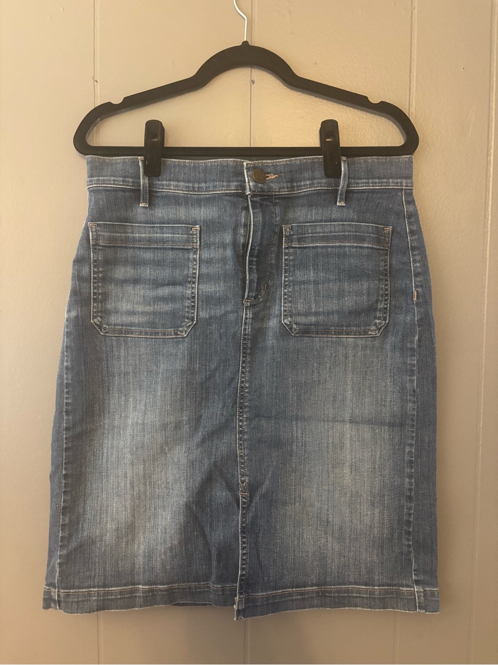 Women's Knee Length Denim Skirt in Faded Blue with Front Slit